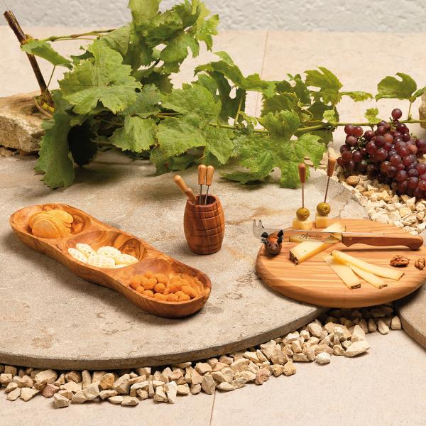 Olivenholz Fässchen mit 6 Pieksern - Handgefertigt für Fingerfood & Antipasti - 12x8cm Natur Holzmaserung MOCA-zertifiziert - Unikat aus Italien