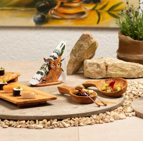 Serviettenhalter Eule Olivenholz - Handgefertigt in Italien - Rustikales Naturholz Design - 14x14x8cm - MOCA-zertifiziert für Lebensmittel