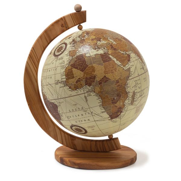 Weltkugel mit Holzständer aus Olivenholz - Vintage-Design in Brauntönen - Antikes Flair für Globetrotter & Deko - 36x28cm - Handgefertigt in Italien - Unikat