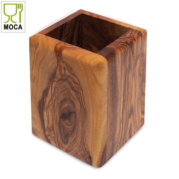 Stiftehalter 100% Olivenholz quadratisch - Antibakteriell & handgefertigt in Italien - 9x13 cm - MOCA-zertifiziert - Unikat für Büro & Homeoffice