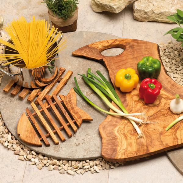 Olivenholz Untersetzer Fischform - Topfuntersetzer & Servierplatte handgefertigt aus Italien - 28x20x1,8cm - MOCA-zertifiziert, einzigartige Maserung