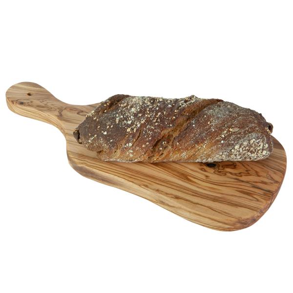 Olivenholzbrett unregelmässig - Schneidebrett & Servierplatte mit Griff für Küche & Esszimmer - Handgefertigt, geölt, MOCA-zertifiziert, 39x18x2.5cm