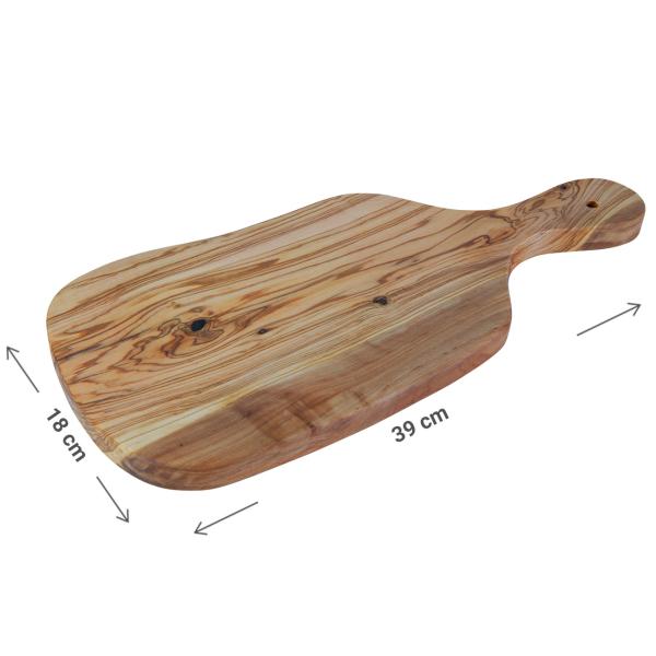 Olivenholzbrett unregelmässig - Schneidebrett & Servierplatte mit Griff für Küche & Esszimmer - Handgefertigt, geölt, MOCA-zertifiziert, 39x18x2.5cm