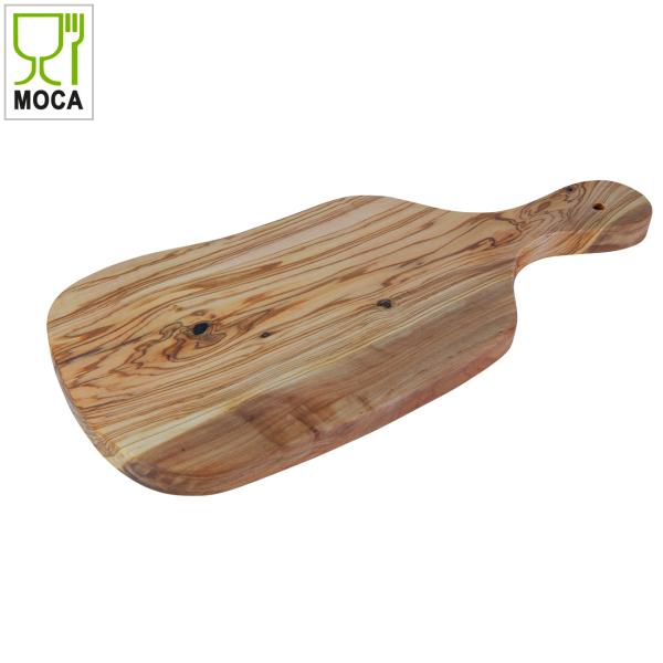 Olivenholzbrett unregelmässig - Schneidebrett & Servierplatte mit Griff für Küche & Esszimmer - Handgefertigt, geölt, MOCA-zertifiziert, 39x18x2.5cm