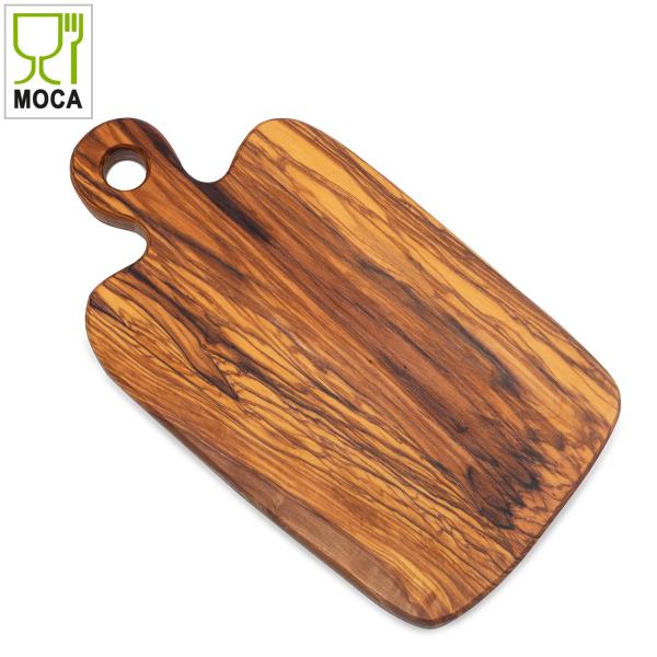 Olivenholzbrett mit Griff - Rustikales Schneidebrett & Servierplatte - Handgefertigt, schnittfest, MOCA-zertifiziert, 32,5x18x1,5cm