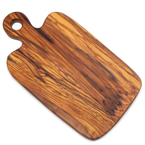 Olivenholzbrett mit Griff - Rustikales Schneidebrett & Servierplatte - Handgefertigt, schnittfest, MOCA-zertifiziert, 32,5x18x1,5cm