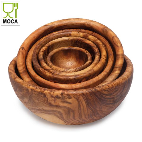Olivenholz Schüsselset - 6 ineinander stapelbare Salatschalen Obstschalen - Handgefertigt, geölt, MOCA-zertifiziert, Ø 6-17 cm - Italien