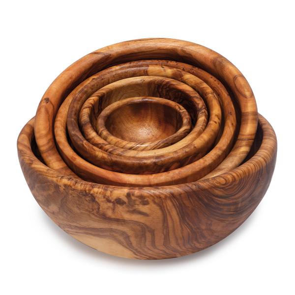 Olivenholz Schüsselset - 6 ineinander stapelbare Salatschalen Obstschalen - Handgefertigt, geölt, MOCA-zertifiziert, Ø 6-17 cm - Italien