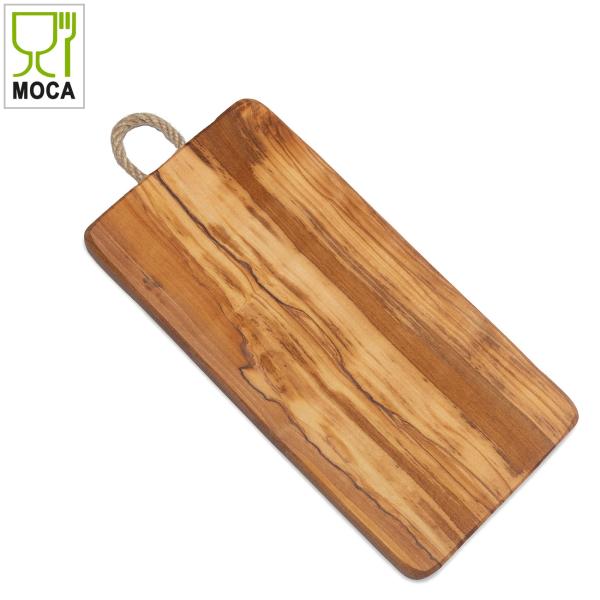 Olivenholz Schneidebrett – rechteckig 29x13x1,8 cm – handgefertigt, robust, unbehandelt, mit Kordel, MOCA-zertifiziert – aus Italien