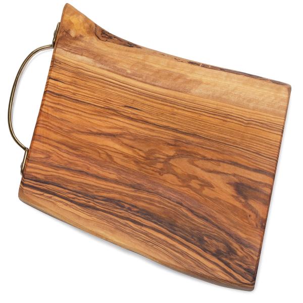 Olivenholzbrett mit Messinggriff - Apérobrättli Servierbrett - Handgefertigt, rustikal edel, 22x15x2,4cm - MOCA-zertifiziert, Italien