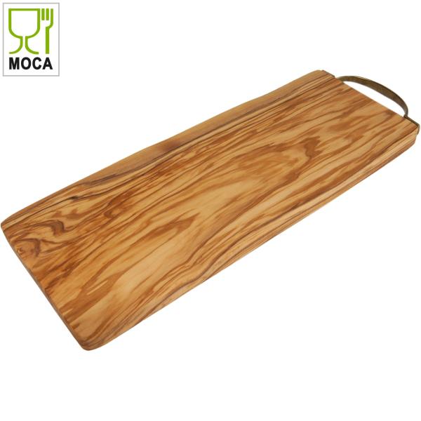 Olivenholz Brett mit Messinggriff - Rustikales Servier- & Schneidebrett für Antipasti & Käse - Handgefertigt, 39x16x2cm