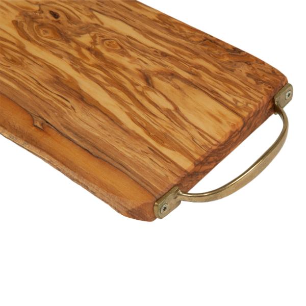 Olivenholz Brett mit Messinggriff - Rustikales Servier- & Schneidebrett für Antipasti & Käse - Handgefertigt, 39x16x2cm