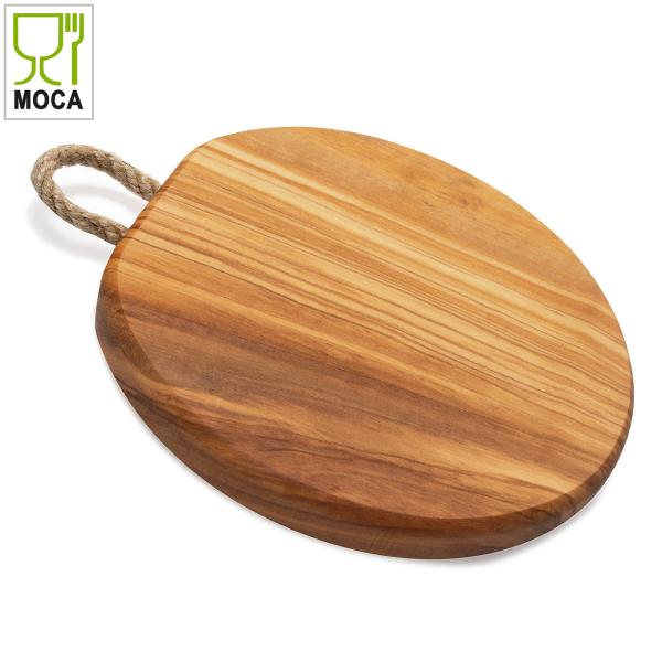 Rundes Olivenholzbrett mit Kordel – Servierbrett & Schneidebrett für Obst, Gemüse & Häppchen – 18x1,5cm, handgefertigt, MOCA-zertifiziert