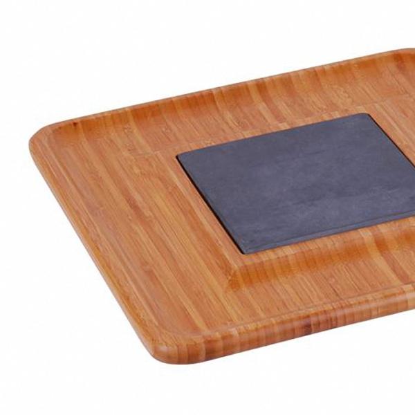 Bambus Käse-Tablett mit Schieferplatte - Edel Design Käseschneidebrett für Partys & Weinproben - 33x33x1,5cm - 100% Bambus Rahmen