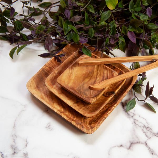 Olivenholz Schalen Set 3 quadratische Schüsseln - Elegant & formschön für mediterrane Kulinarik & Brotzeit - Handgefertigt in Italien, 11-15-20cm