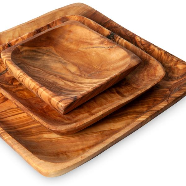 Olivenholz Schalen Set 3 quadratische Schüsseln - Elegant & formschön für mediterrane Kulinarik & Brotzeit - Handgefertigt in Italien, 11-15-20cm