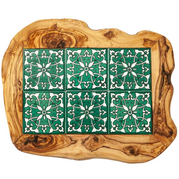 Olivenholz Brett mit Keramikeinsatz - Orientalisches Muster in Blau, Rot, Grün, Gelb - 42x30x1.5cm - Servier- & Schneidebrett aus Italien