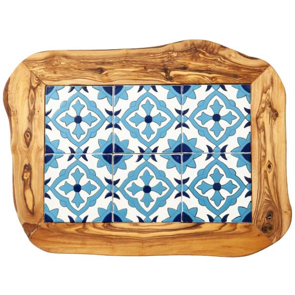 Olivenholz Brett mit Keramikeinsatz - Orientalisches Muster in Blau, Rot, Grün, Gelb - 42x30x1.5cm - Servier- & Schneidebrett aus Italien