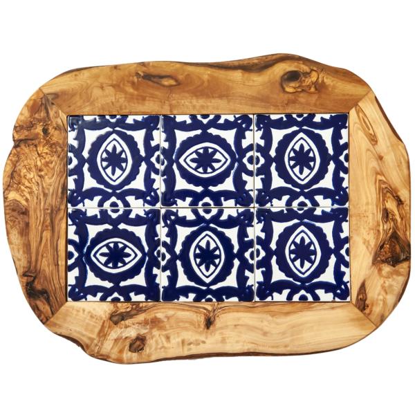 Olivenholz Brett mit Keramikeinsatz - Orientalisches Muster in Blau, Rot, Grün, Gelb - 42x30x1.5cm - Servier- & Schneidebrett aus Italien