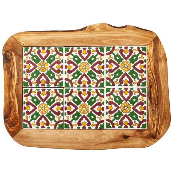 Olivenholz Brett mit Keramikeinsatz - Orientalisches Muster in Blau, Rot, Grün, Gelb - 42x30x1.5cm - Servier- & Schneidebrett aus Italien