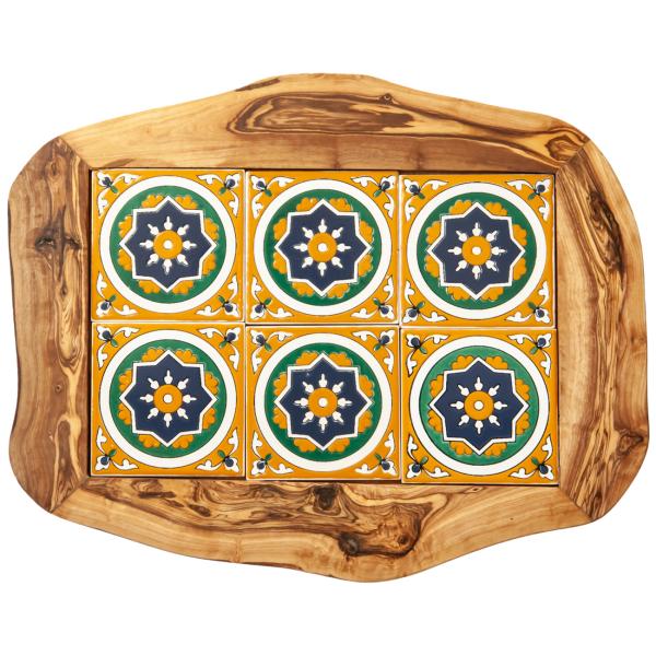 Olivenholz Brett mit Keramikeinsatz - Orientalisches Muster in Blau, Rot, Grün, Gelb - 42x30x1.5cm - Servier- & Schneidebrett aus Italien