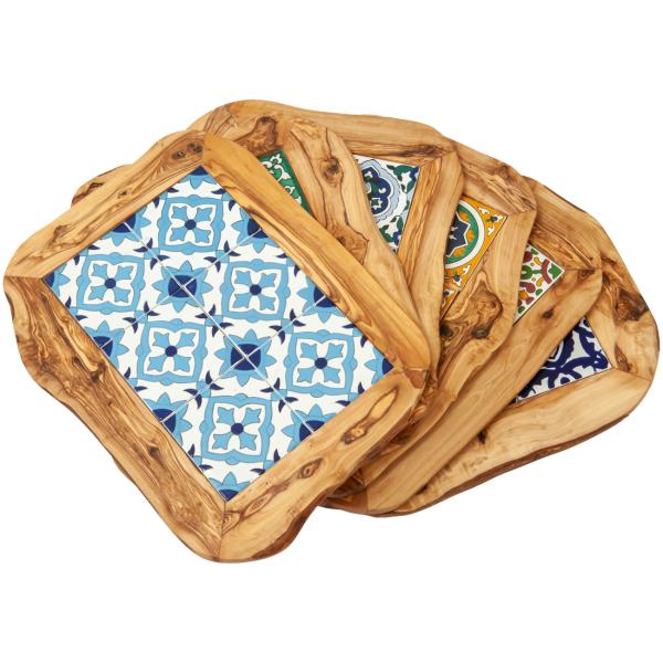 Olivenholz Brett mit Keramikeinsatz - Orientalisches Muster in Blau, Rot, Grün, Gelb - 42x30x1.5cm - Servier- & Schneidebrett aus Italien