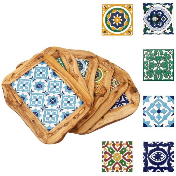 Olivenholz Brett mit Keramikeinsatz - Orientalisches Muster in Blau, Rot, Grün, Gelb - 42x30x1.5cm - Servier- & Schneidebrett aus Italien