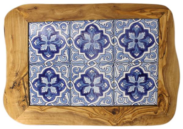 Olivenholz Brett mit Keramikeinsatz - Orientalisches Muster in Blau, Rot, Grün, Gelb - 42x30x1.5cm - Servier- & Schneidebrett aus Italien