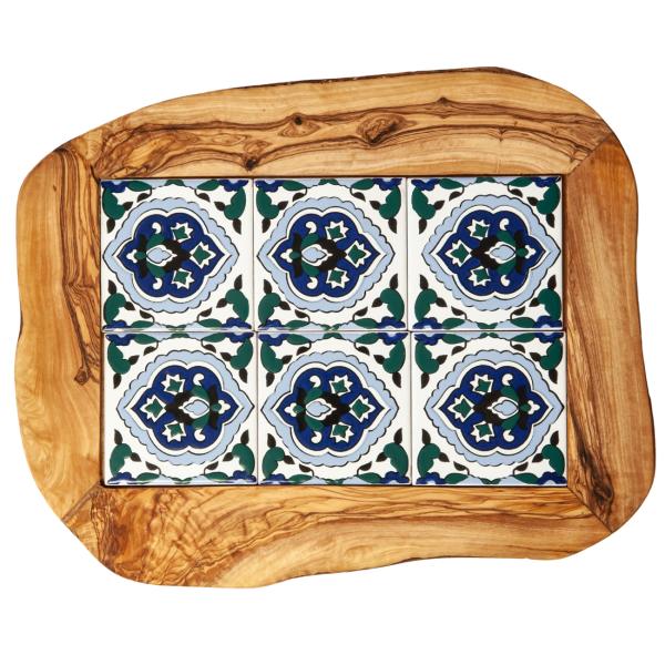 Olivenholz Brett mit Keramikeinsatz - Orientalisches Muster in Blau, Rot, Grün, Gelb - 42x30x1.5cm - Servier- & Schneidebrett aus Italien