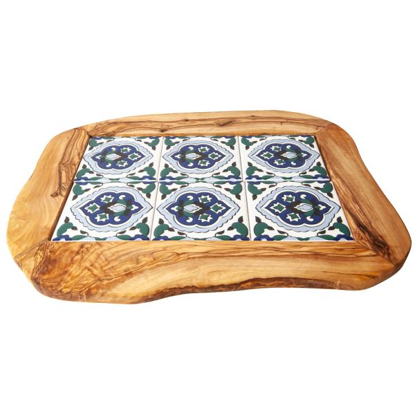 Olivenholz Brett mit Keramikeinsatz - Orientalisches Muster in Blau, Rot, Grün, Gelb - 42x30x1.5cm - Servier- & Schneidebrett aus Italien