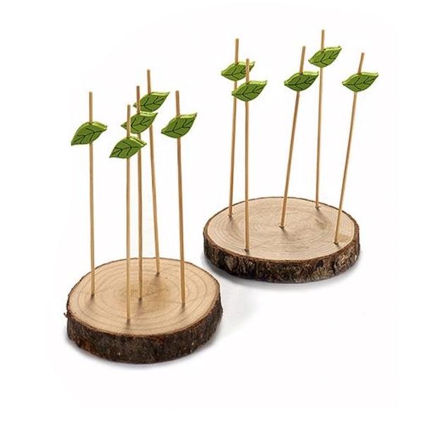 Holz-Untersetzer für Häppchen – mit 10 Holzspiessen (Blattverzierung) & Löchern für Apéro-Präsentation – 2er-Set Naturrand & Jahresringe Braun 20x15cm