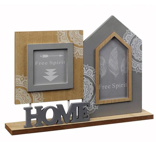Fotorahmen Home aus Holz - Braun Grau mit weissen Ornamenten - für 2 Fotos 40x6x29cm - MDF Material mit Standfläche - dekoratives Duo