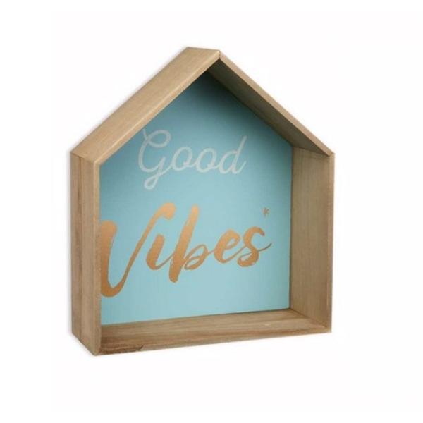Wanddekoration 2er-Set Häuschen aus Holz - Pastell Türkis Grün mit goldener Aufschrift "Good Vibes only" - 11x35x30cm MDF