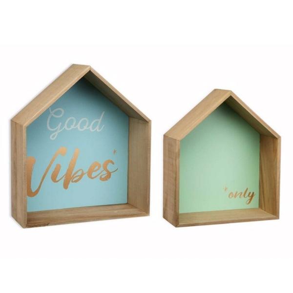 Wanddekoration 2er-Set Häuschen aus Holz - Pastell Türkis Grün mit goldener Aufschrift "Good Vibes only" - 11x35x30cm MDF