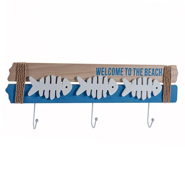 Garderobenpaneel aus Holz - Welcome to the beach Design mit drei Haken & Fischgräten/Seilen - HDF Material - 5x21x59cm - Braun/Türkis oder Blau