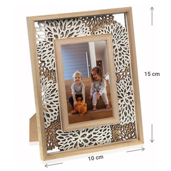 Fotorahmen mit filigranen Ornamenten - Holzfaserplatte, 10x15cm, braun-weiss - 3D-Blumendesign, Standfuss, einfachem Bildwechsel - Für Fotos, Zitate & Bilder