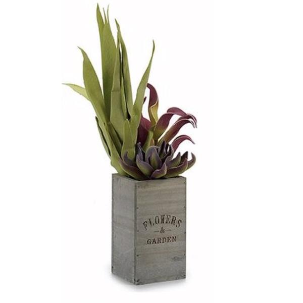 Blumentopf aus Holz mit Kunstpflanze - Modernes Landhaus-Design für innen & aussen - Robustes HDF-Holz, 10x50x10 cm, ideal als Geschenk