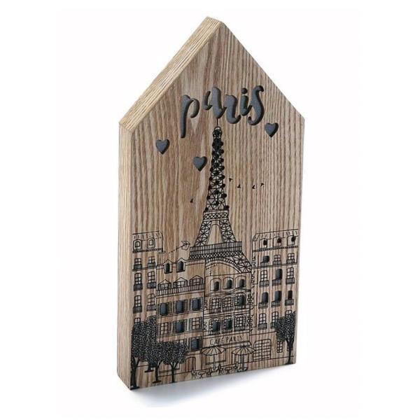 Holz Lichtkasten Paris beleuchtet - Häuser-Kulisse, Eiffelturm & Schriftzug für gemütliche Atmosphäre in Wohn-, Schlaf- oder Kinderzimmer - 3,5x34x17cm