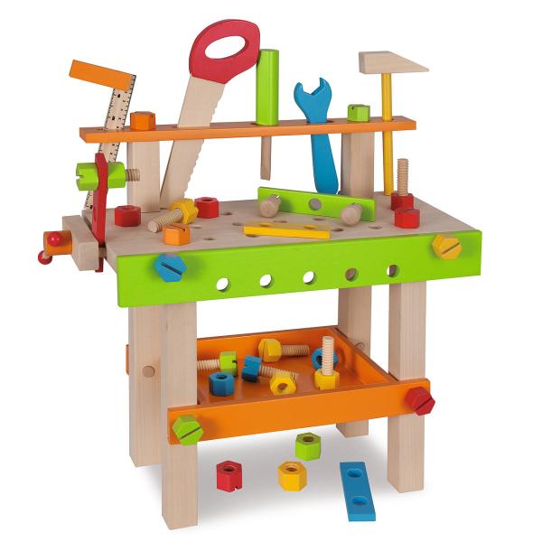 Kinder Werkbank aus Lindenholz 49 Teile - Spielzeug für Rollenspiele & Feinmotorik - Inkl. Werkzeug, Ablagen - 19x42x39cm - Ab 3 Jahren