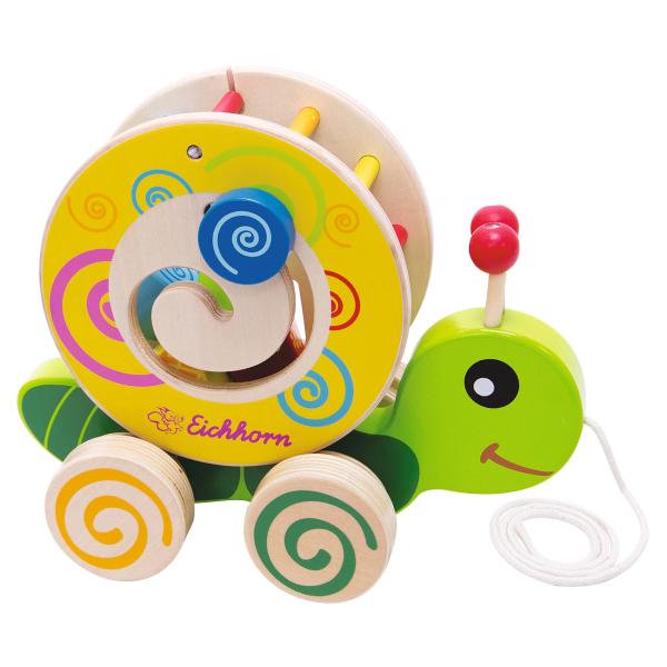 Nachzieh-Stecktier aus Birkenholz - Motorik-Spiel mit 4 bunten Bausteinen & drehbarem Rad - Fördert Feinmotorik, 15x24x19,5cm - Ab 1 Jahr