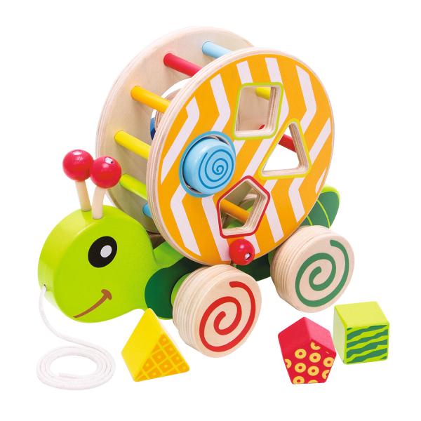 Nachzieh-Stecktier aus Birkenholz - Motorik-Spiel mit 4 bunten Bausteinen & drehbarem Rad - Fördert Feinmotorik, 15x24x19,5cm - Ab 1 Jahr