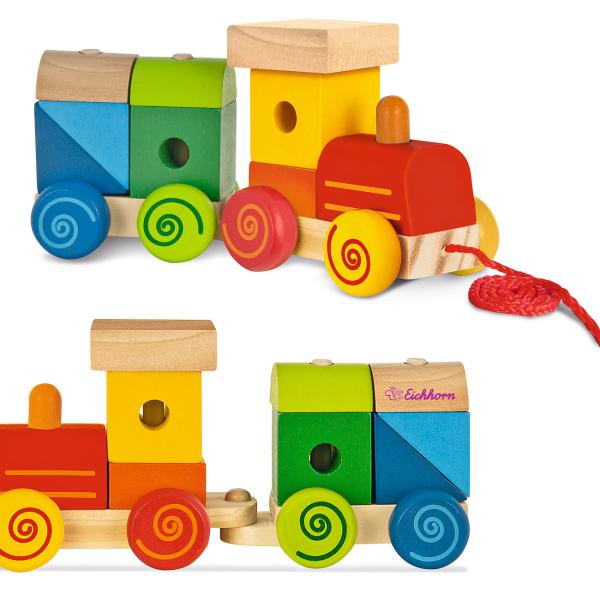 Holz Zug mit Sound - Eisenbahn Spielzeug für Kinder ab 1 Jahr - 11 bunte Bausteine aus Birke/Kiefer - 17cm lang - Schult Motorik & Kreativität