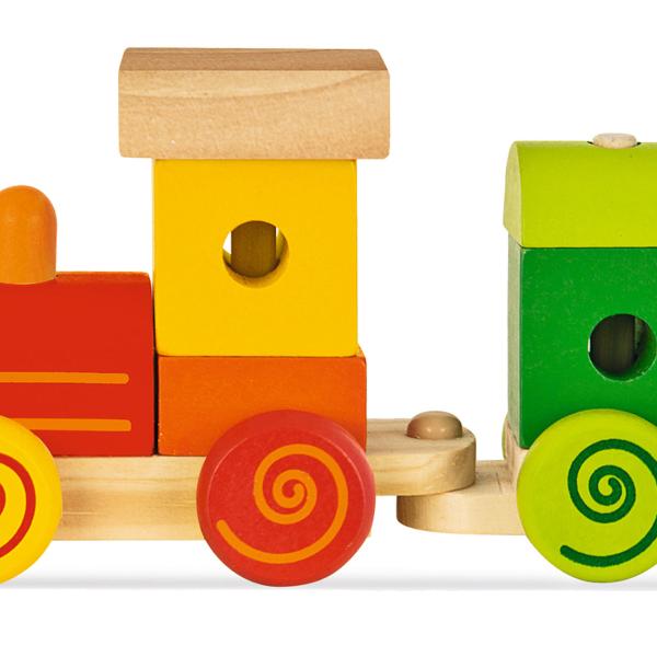 Holz Zug mit Sound - Eisenbahn Spielzeug für Kinder ab 1 Jahr - 11 bunte Bausteine aus Birke/Kiefer - 17cm lang - Schult Motorik & Kreativität