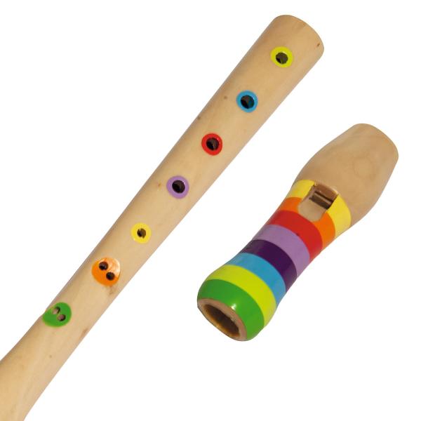 Kinder Flöte aus Wacholderholz - 8 bunte Löcher als Lernhilfe mit Liederheft - 32cm Länge - Ideal für Kinder ab 4 Jahren - Glatte Oberfläche - Braun/Bunt