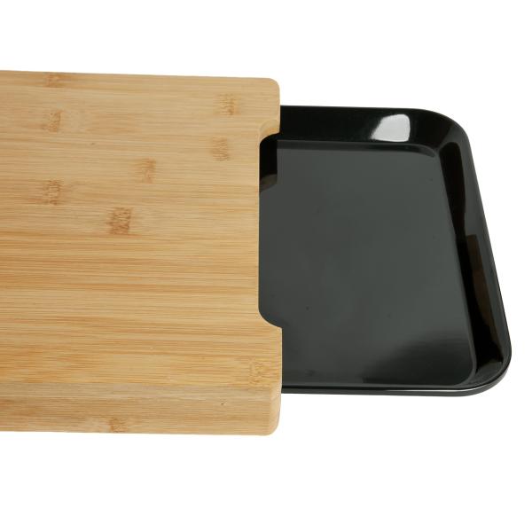 Bambus Schneidebrett - mit praktischer Auszieh-Schale aus dunklem Melamin - Servieren & Schneideabfall - Robust & massiv - 38x26x3,5cm