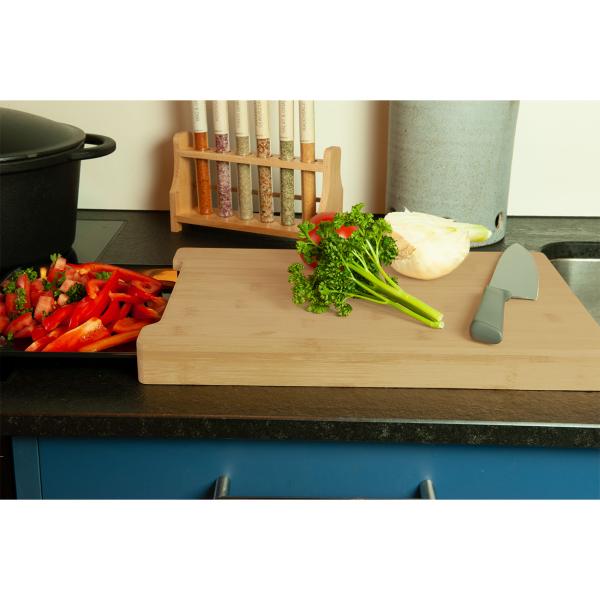 Bambus Schneidebrett - mit praktischer Auszieh-Schale aus dunklem Melamin - Servieren & Schneideabfall - Robust & massiv - 38x26x3,5cm