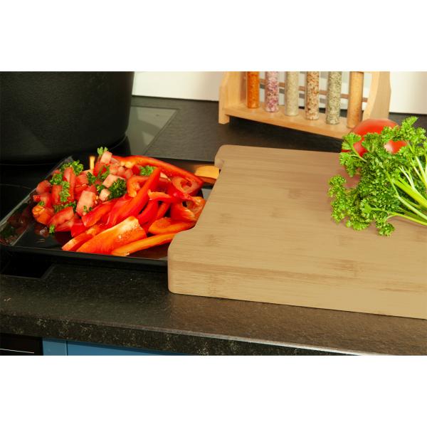 Bambus Schneidebrett - mit praktischer Auszieh-Schale aus dunklem Melamin - Servieren & Schneideabfall - Robust & massiv - 38x26x3,5cm