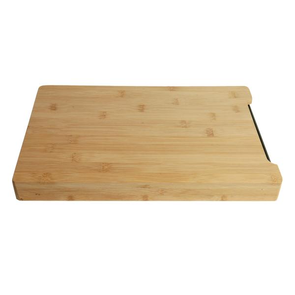 Bambus Schneidebrett - mit praktischer Auszieh-Schale aus dunklem Melamin - Servieren & Schneideabfall - Robust & massiv - 38x26x3,5cm
