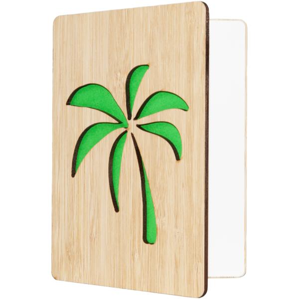 Grusskarte aus Bambus - Klappkarte mit gelaserter grüner Palme - Edle Optik - Handgeschrieben für besondere Momente - 11x15x0,3cm gefaltet