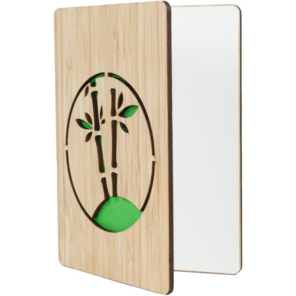 Grusskarte aus Bambus - mit gelaserem Bambusgras-Motiv in Grün - handgefertigt, 2-Schichten für edle Optik - Klappkarte inkl. liniertes Papier – 11x15x0,3cm